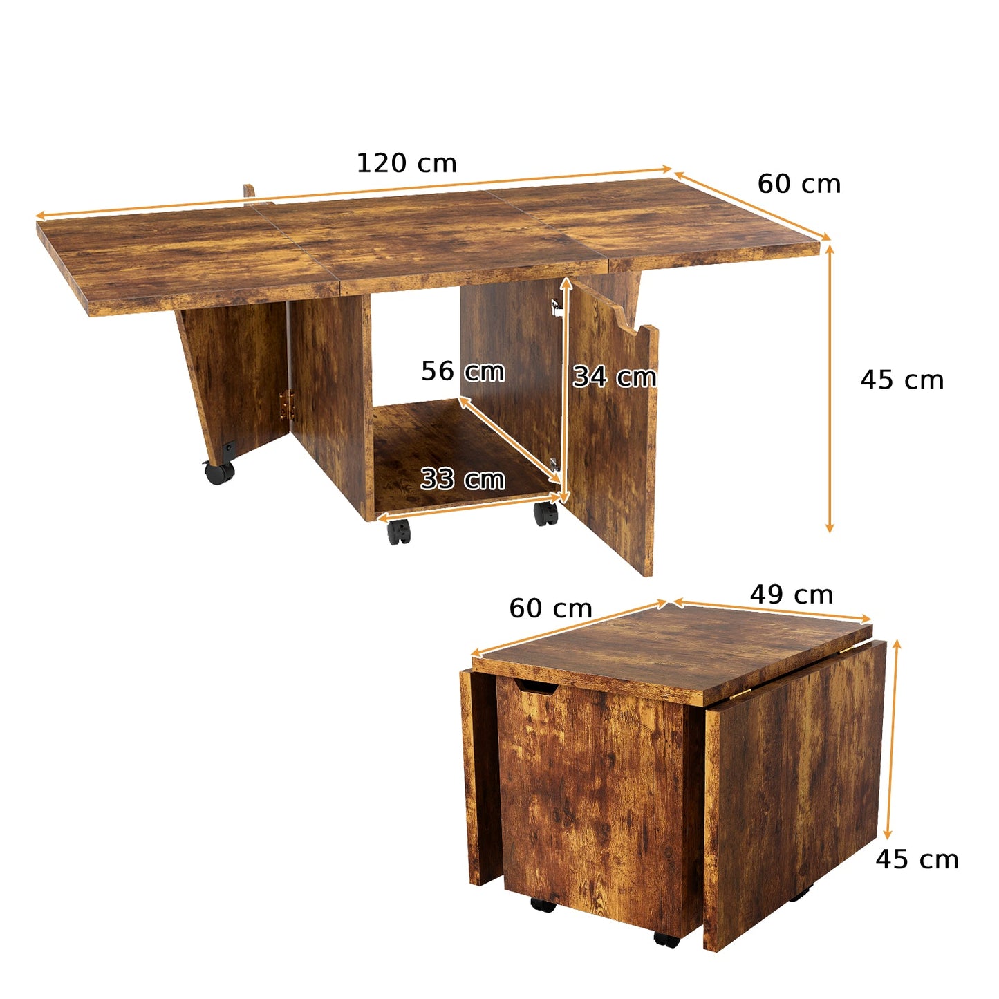 120cm Extendable and Foldable Coffee Table with Storage Cabinet and Wheels-Brown