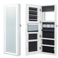 120cm LED Mirror Jewelry Cabinet with 3-Color Lights and Lockable Magnetic Door-White