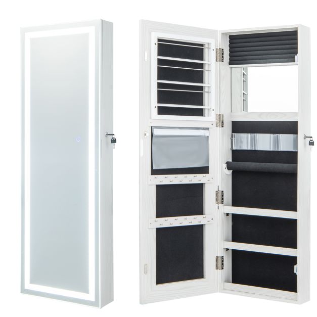 120cm LED Mirror Jewelry Cabinet with 3-Color Lights and Lockable Magnetic Door-White