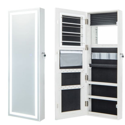 120cm LED Mirror Jewelry Cabinet with 3-Color Lights and Lockable Magnetic Door-White