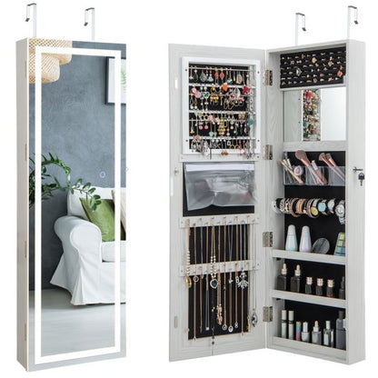 120cm LED Mirror Jewelry Cabinet with 3-Color Lights and Lockable Magnetic Door-White