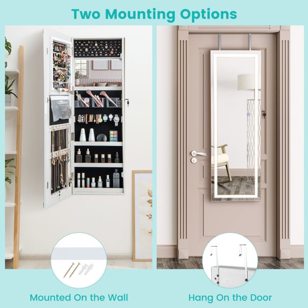 120cm LED Mirror Jewelry Cabinet with 3-Color Lights and Lockable Magnetic Door-White