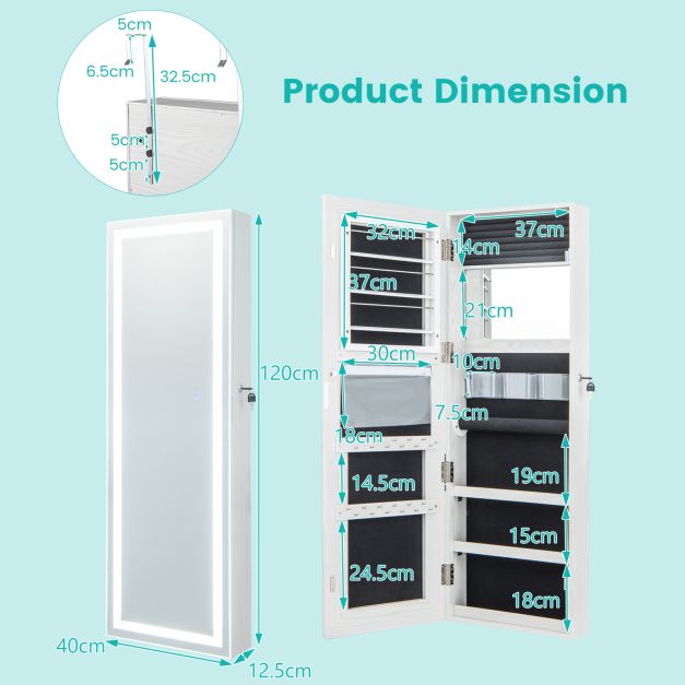 120cm LED Mirror Jewelry Cabinet with 3-Color Lights and Lockable Magnetic Door-White