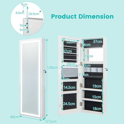 120cm LED Mirror Jewelry Cabinet with 3-Color Lights and Lockable Magnetic Door-White
