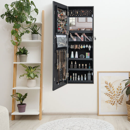 120cm LED Mirror Jewelry Cabinet with 3-Color Lights and Lockable Magnetic Door-Black