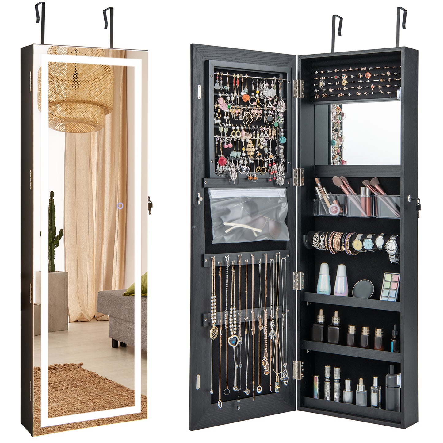 120cm LED Mirror Jewelry Cabinet with 3-Color Lights and Lockable Magnetic Door-Black