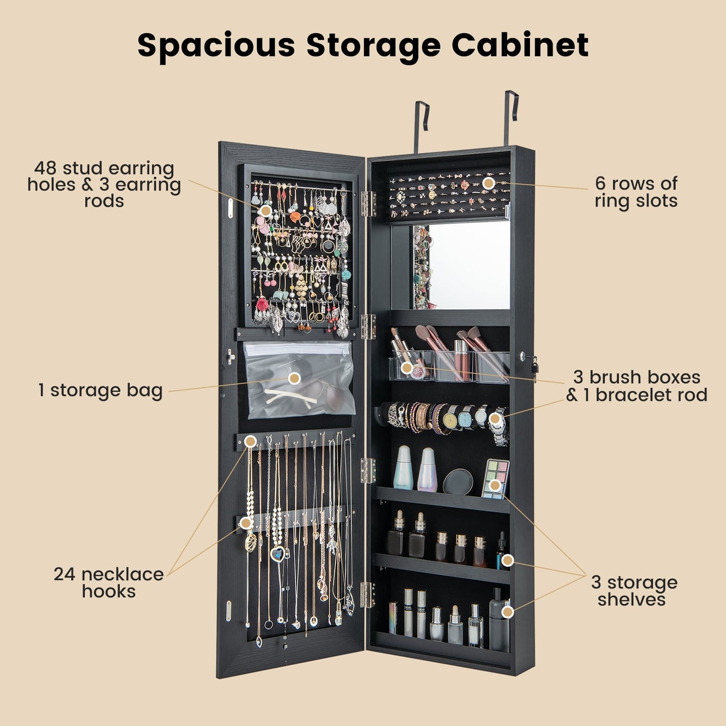 120cm LED Mirror Jewelry Cabinet with 3-Color Lights and Lockable Magnetic Door-Black