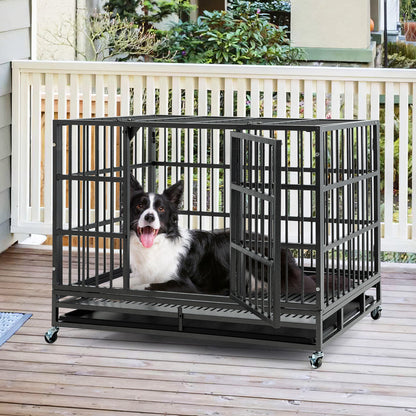 96/120cm Metal Dog Cage Foldable with Double Door and Wheels-L