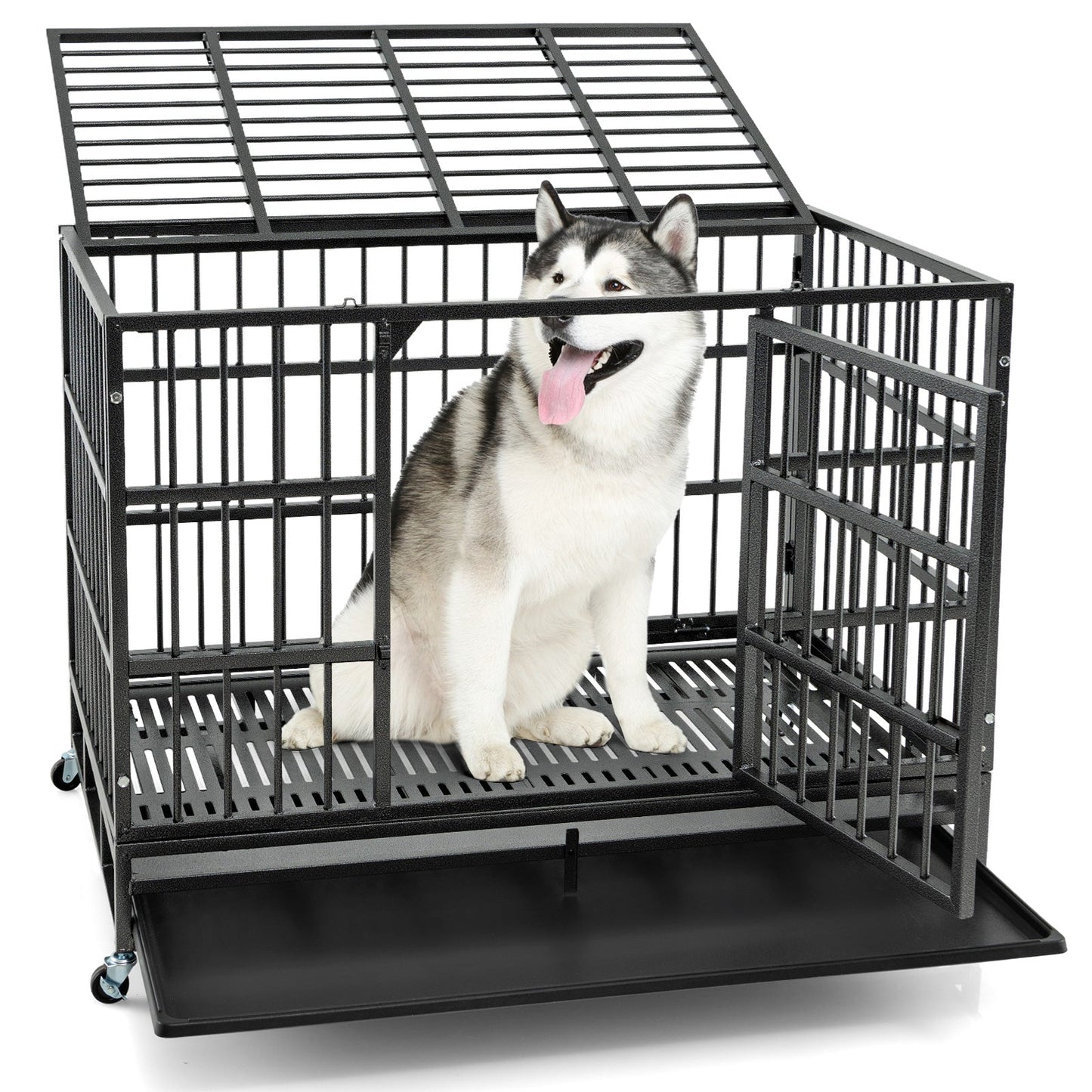 96/120cm Metal Dog Cage Foldable with Double Door and Wheels-L