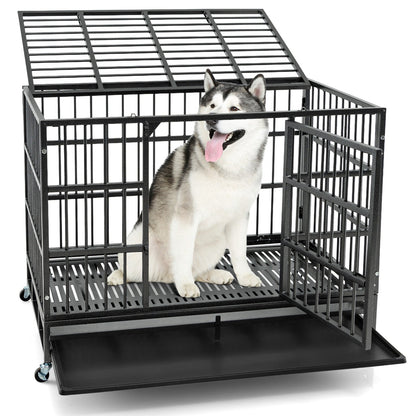 96/120cm Metal Dog Cage Foldable with Double Door and Wheels-L