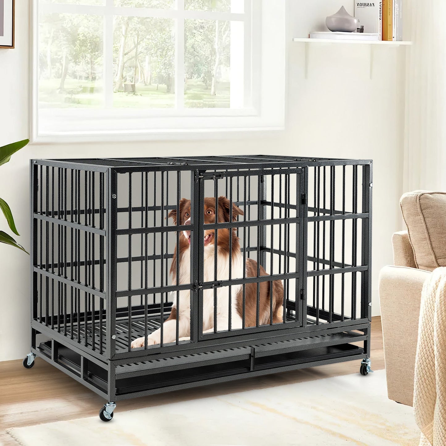 96/120cm Metal Dog Cage Foldable with Double Door and Wheels-L