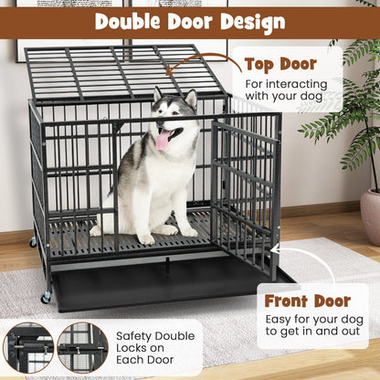 96/120cm Metal Dog Cage Foldable with Double Door and Wheels-L
