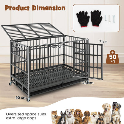 96/120cm Metal Dog Cage Foldable with Double Door and Wheels-L