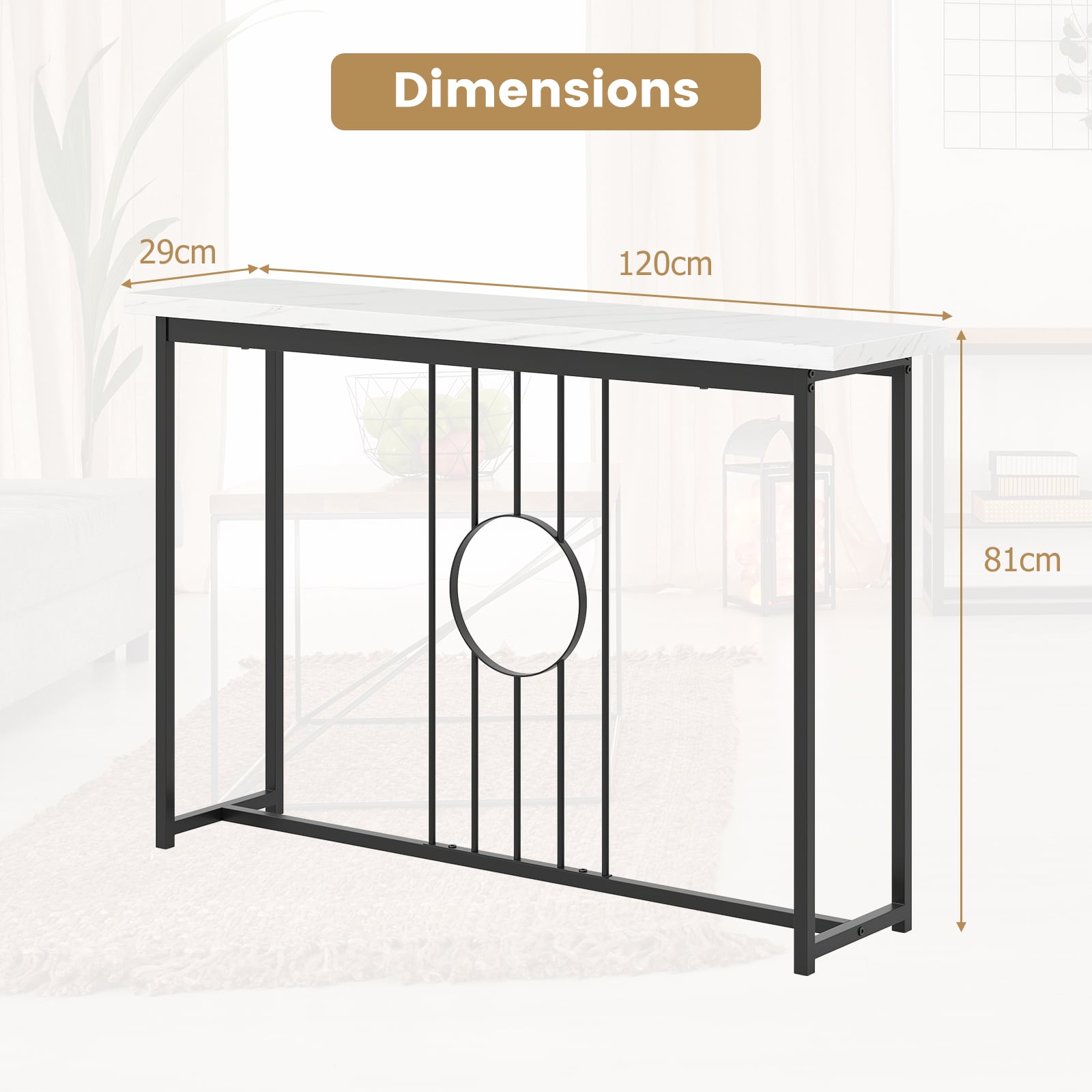 120cm Modern Faux Marble Top Console Table with Heavy-duty Metal Frame-Black
