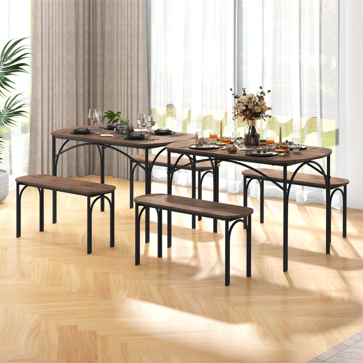 120cm Space Saving Kitchen table set with Wooden Table and 2 Benches-Brown
