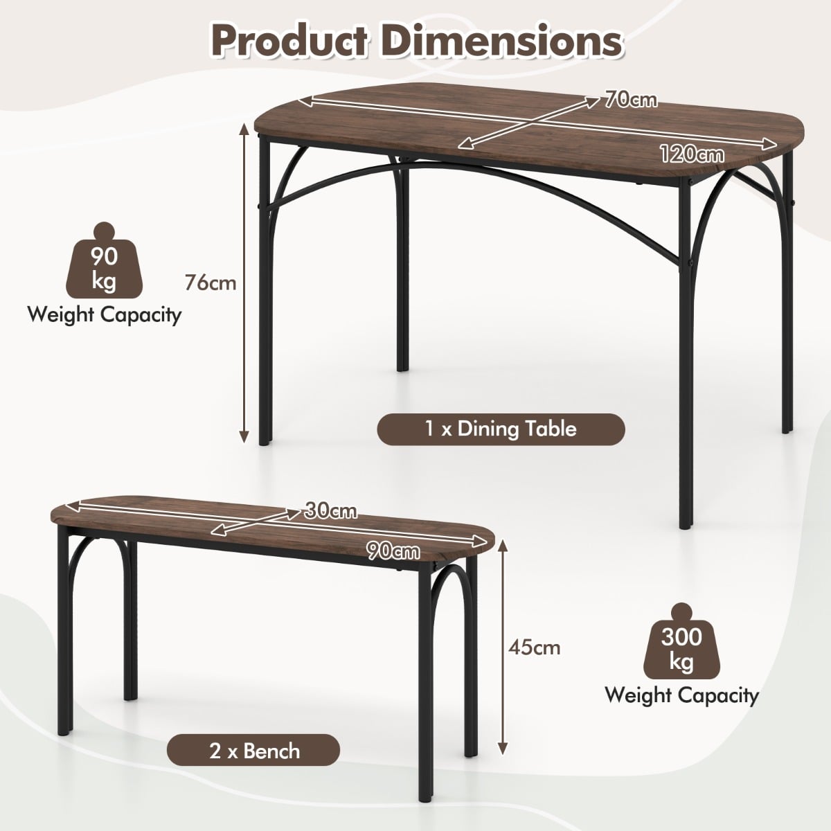 120cm Space Saving Kitchen table set with Wooden Table and 2 Benches-Brown