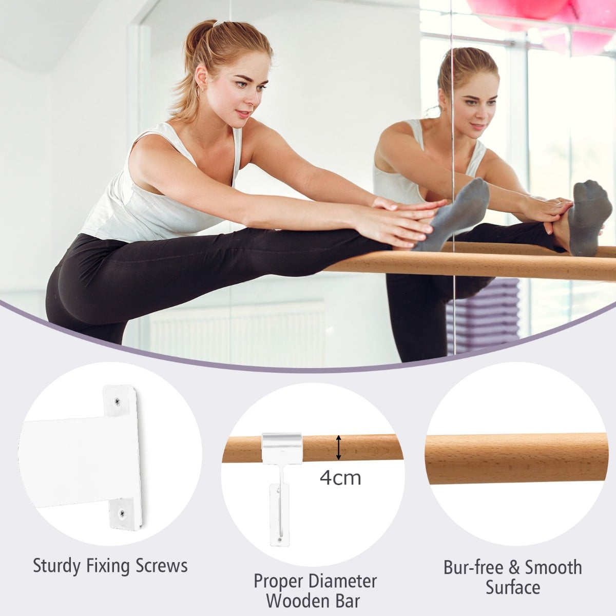 120CM Wall-Mounted Beech Wood Ballet Barre-White