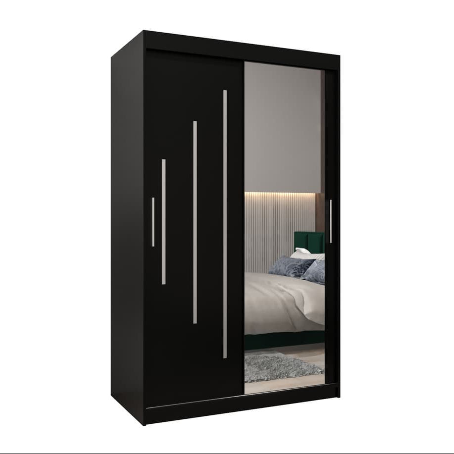 Black wardrobe with mirror doors on a white background