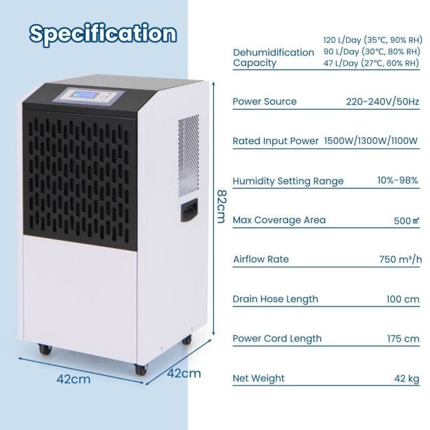 120L Commercial Industrial Dehumidifier for Spaces up to 500㎡-White