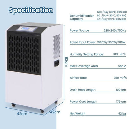 120L Commercial Industrial Dehumidifier for Spaces up to 500㎡-White