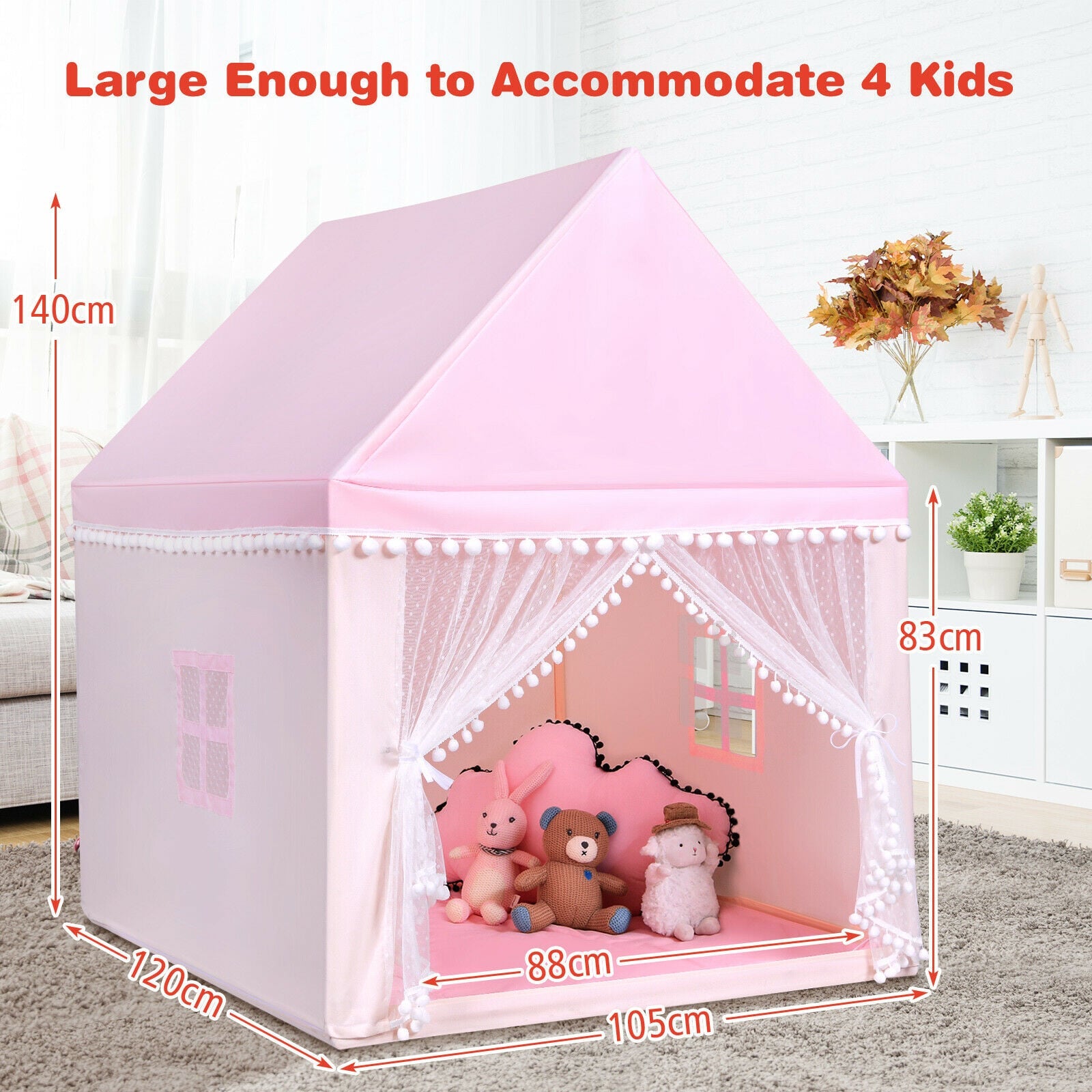 Kids Play Tent Wood Frame Large Playhouse Tents with Mat-Pink