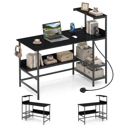122.5 CM Computer Desk with Power Outlets & Storage Shelves and Headphone Hook for Working-Black