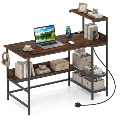 122.5 CM Computer Desk with Power Outlets & Storage Shelves and Headphone Hook for Working-Rustic Brown