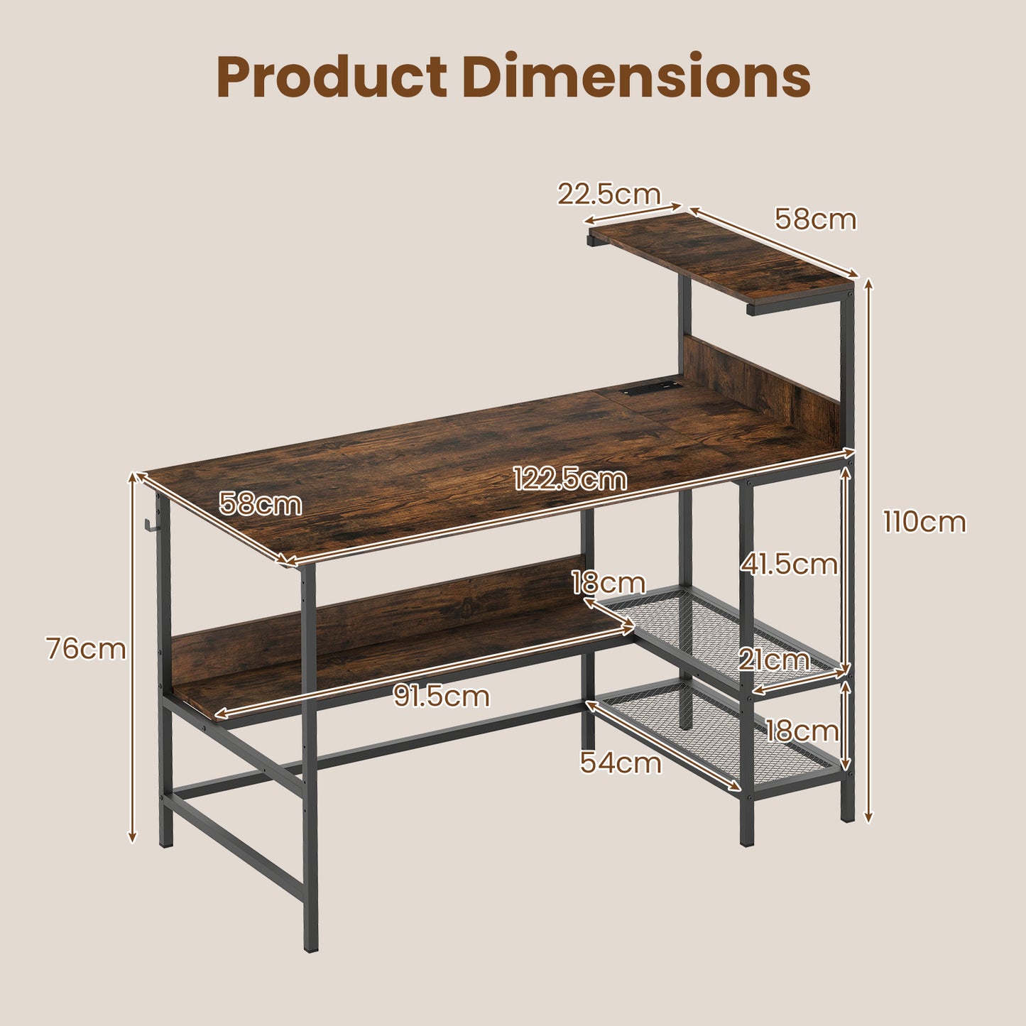 122.5 CM Computer Desk with Power Outlets & Storage Shelves and Headphone Hook for Working-Rustic Brown