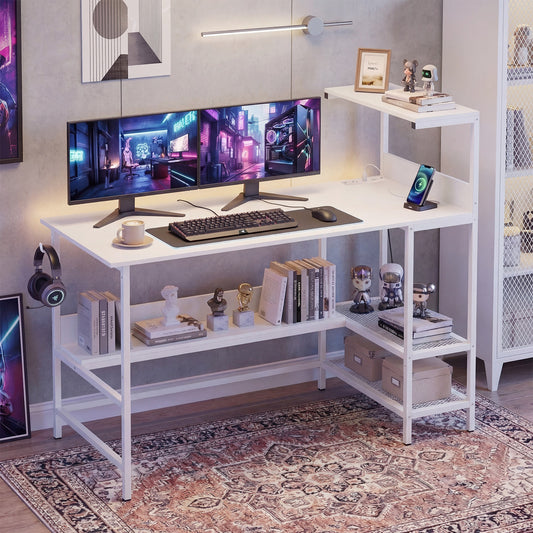 122.5 CM Computer Desk with Power Outlets & Storage Shelves and Headphone Hook for Working-White
