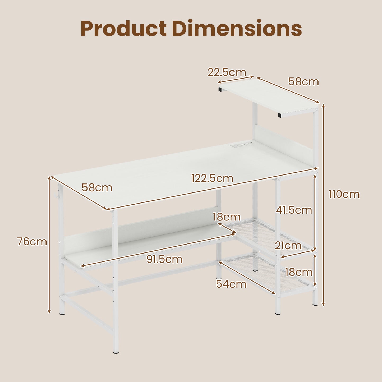 122.5 CM Computer Desk with Power Outlets & Storage Shelves and Headphone Hook for Working-White