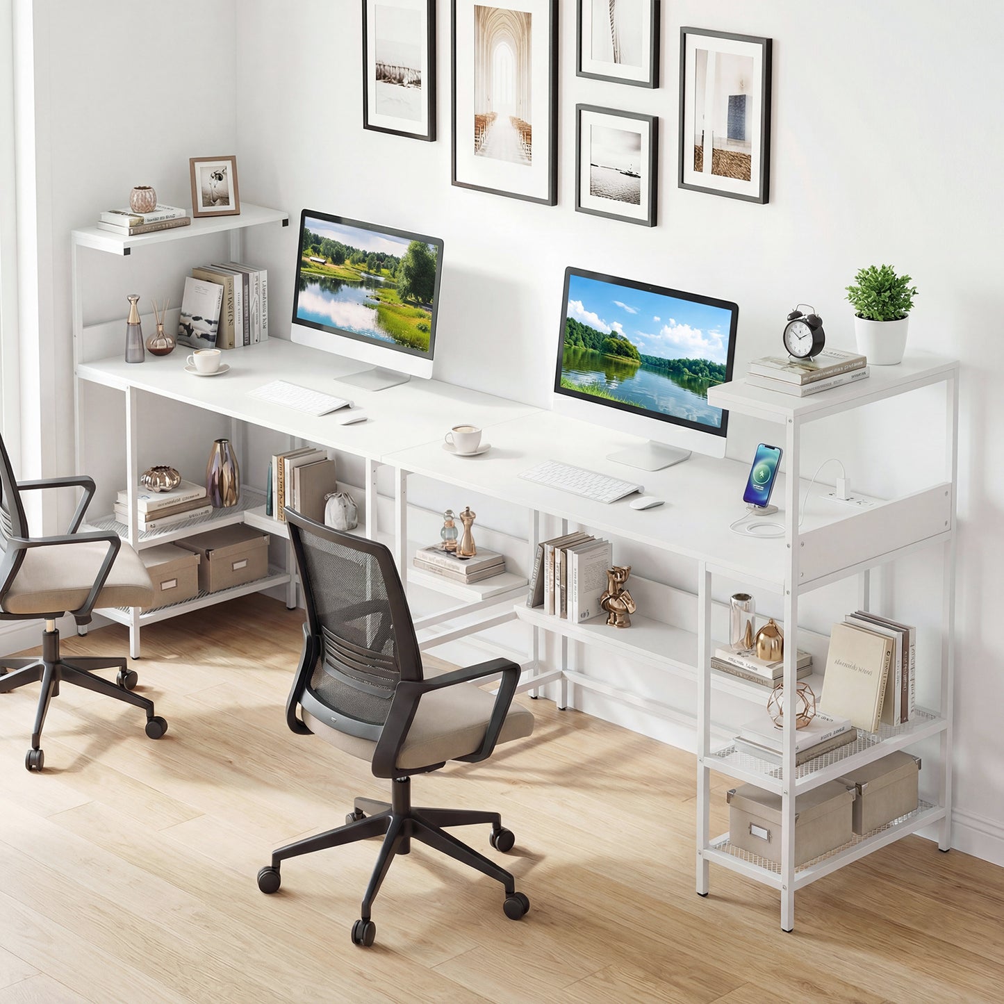 122.5 CM Computer Desk with Power Outlets & Storage Shelves and Headphone Hook for Working-White