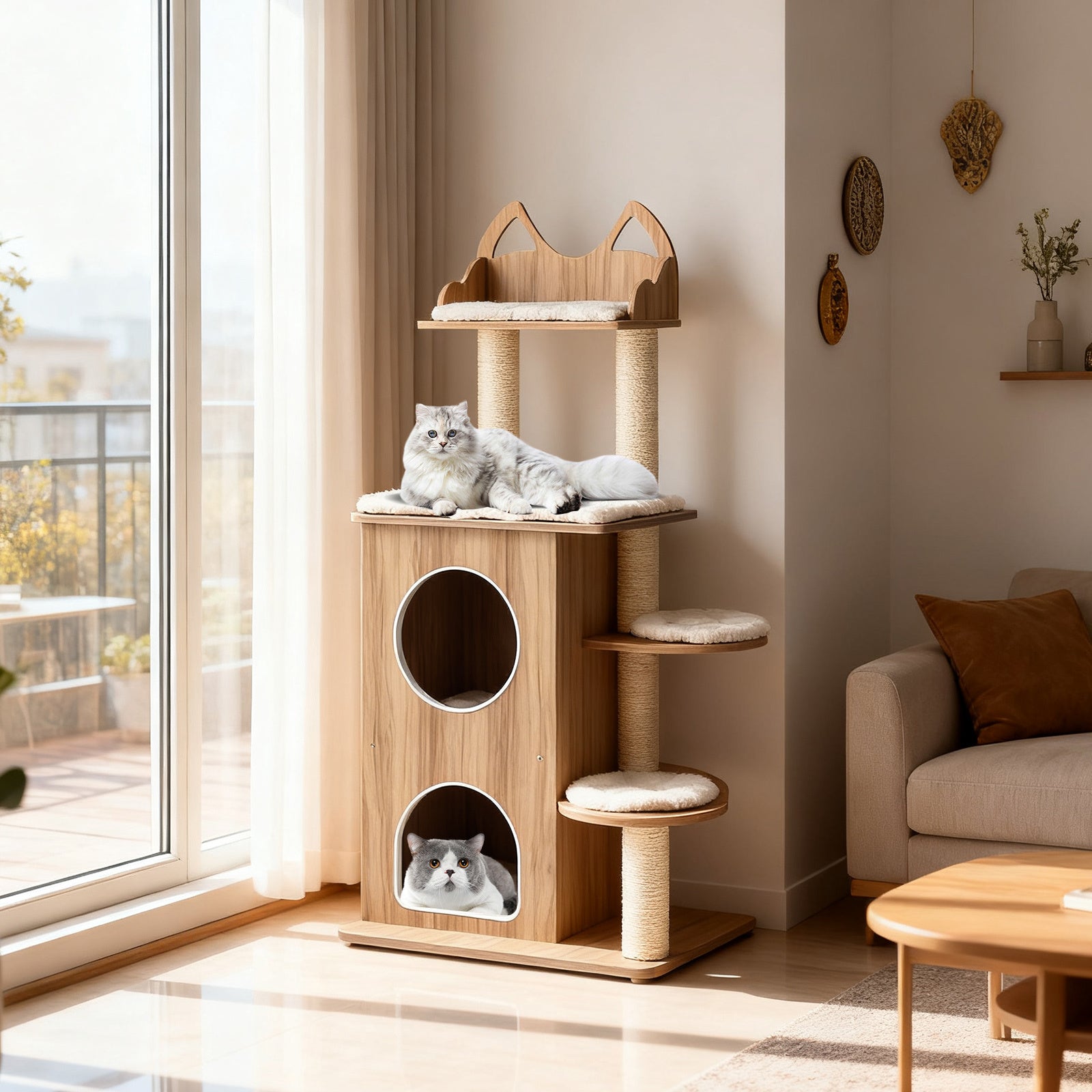 122CM Wooden Cat Tree with 2-floor Condo and Cute Top Perch-Natural