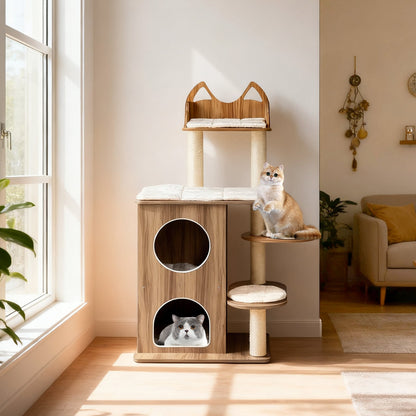 122CM Wooden Cat Tree with 2-floor Condo and Cute Top Perch-Natural
