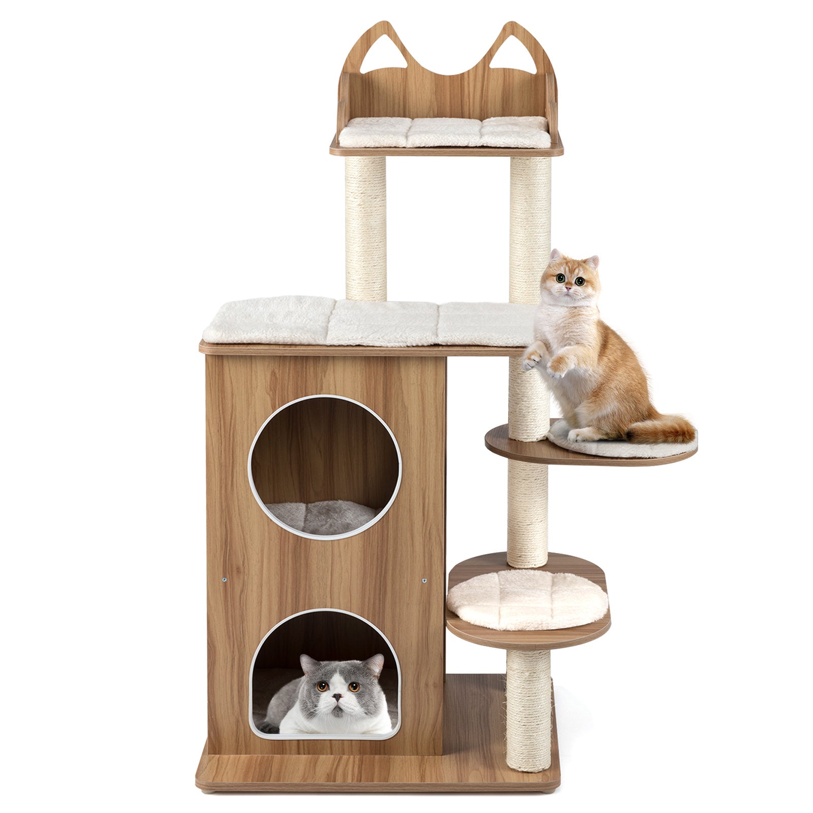 122CM Wooden Cat Tree with 2-floor Condo and Cute Top Perch-Natural