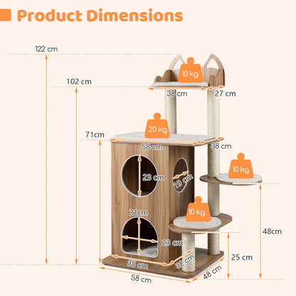 122CM Wooden Cat Tree with 2-floor Condo and Cute Top Perch-Natural