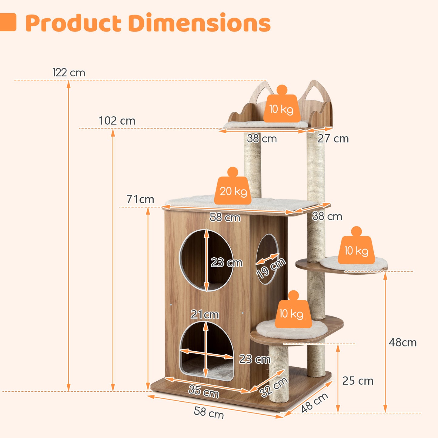 122CM Wooden Cat Tree with 2-floor Condo and Cute Top Perch-Natural