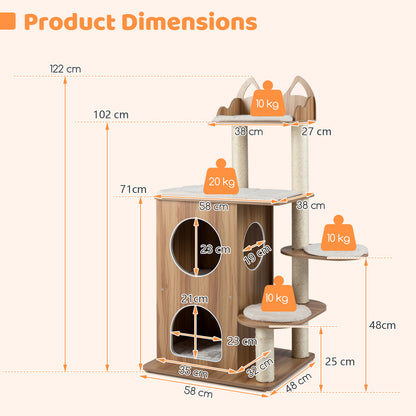 122CM Wooden Cat Tree with 2-floor Condo and Cute Top Perch-Natural