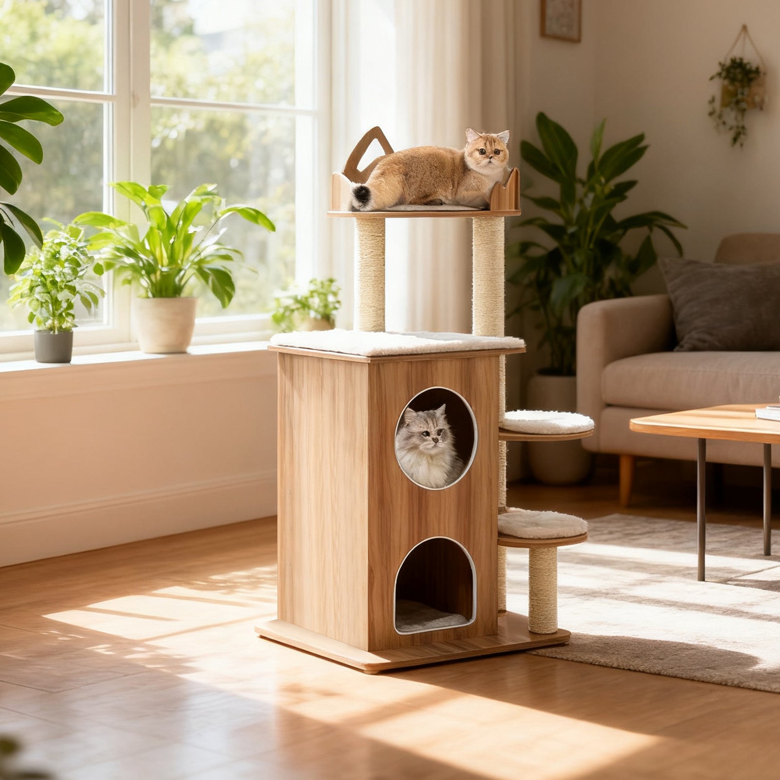 122CM Wooden Cat Tree with 2-floor Condo and Cute Top Perch-Natural