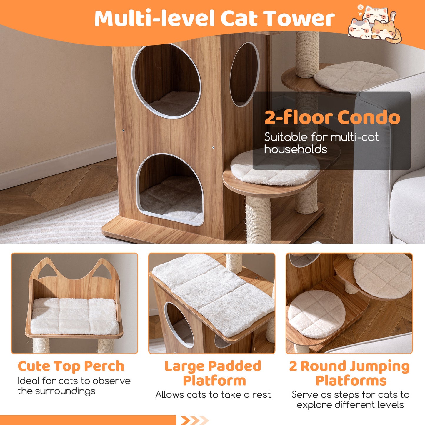 122CM Wooden Cat Tree with 2-floor Condo and Cute Top Perch-Natural