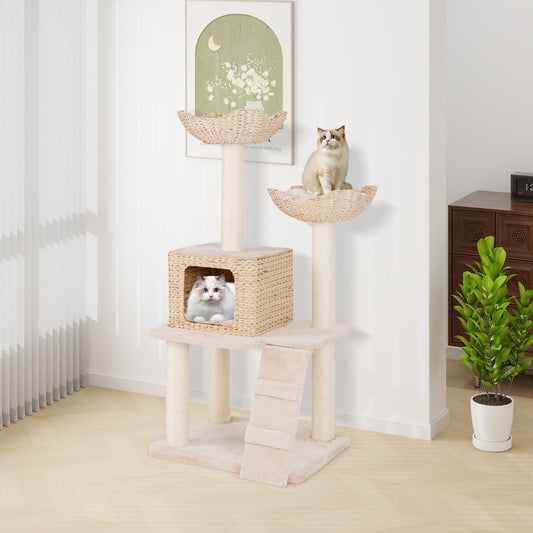 122 cm Cattail Cat Tree with Sisal Scratching Posts Perch Condo and Basket Bed-Beige