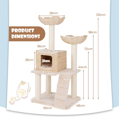 122 cm Cattail Cat Tree with Sisal Scratching Posts Perch Condo and Basket Bed-Beige