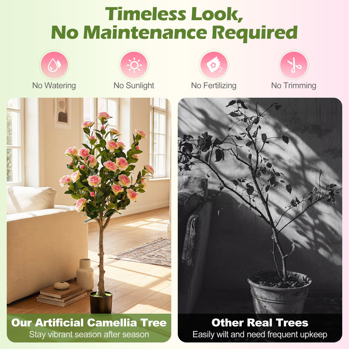 125 CM Artificial Camellia Tree Set of 1 with 27 Blossoms for Home