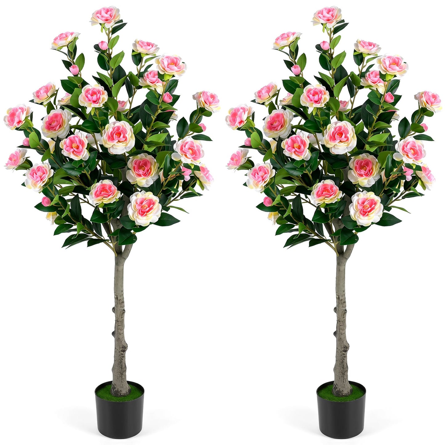 125 CM Artificial Camellia Tree Set of 2 with 54 Blossoms for Home