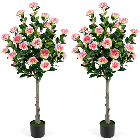 125 CM Artificial Camellia Tree Set of 2 with 54 Blossoms for Home