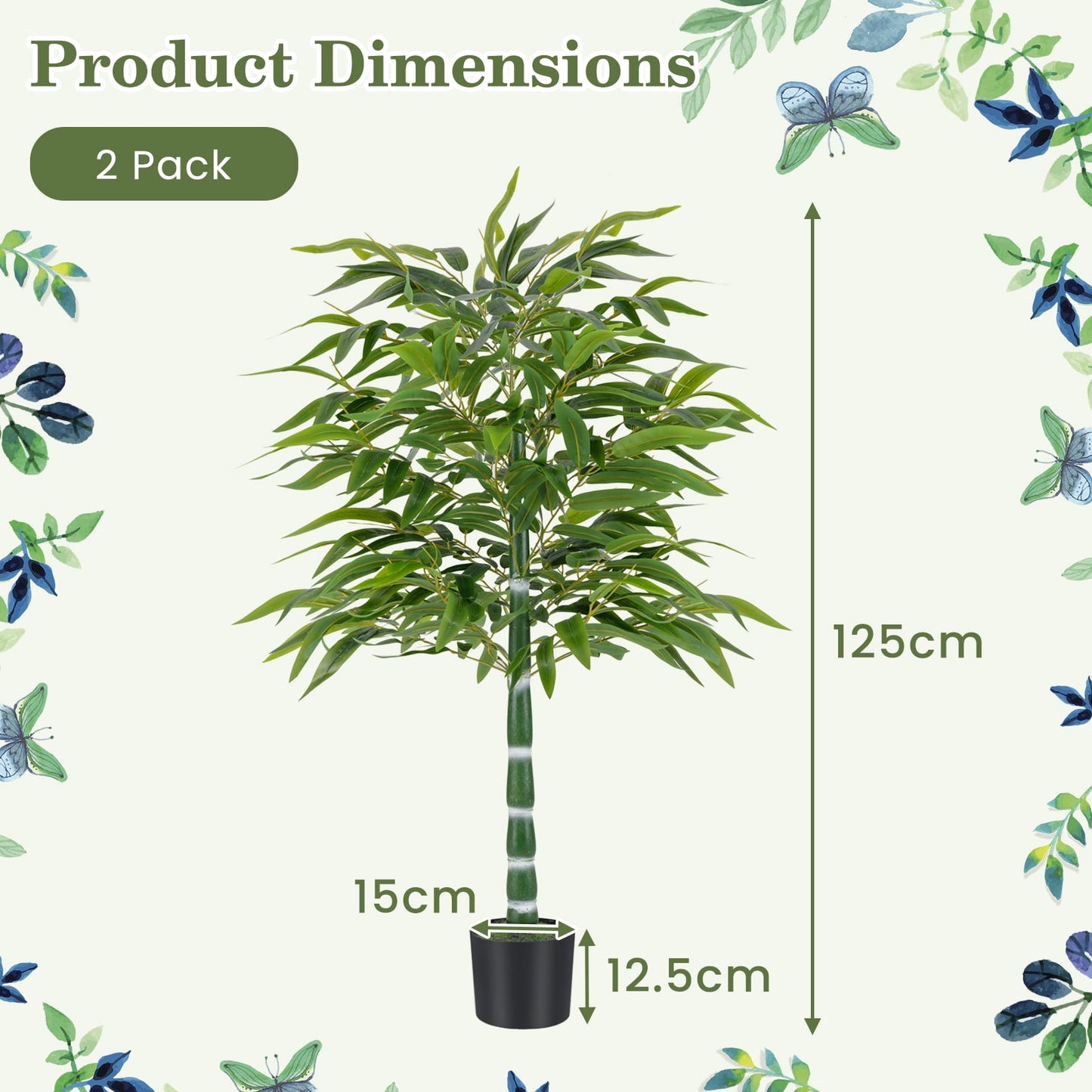 125 CM Artificial Bamboo Tree Set of 2 with Plastic Nursery Pot and Adjustable Branches