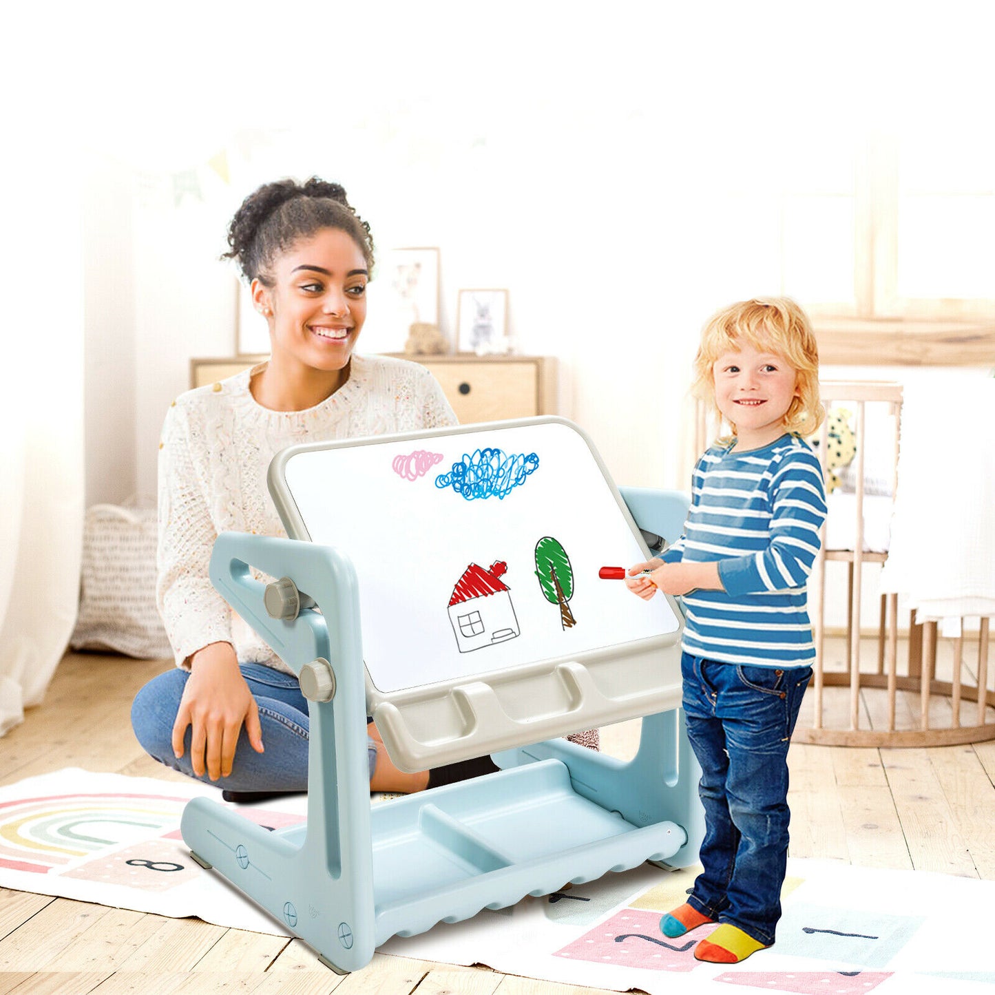 Children's Art Easel / Table and Chair Set with Ample Storage Space-Blue