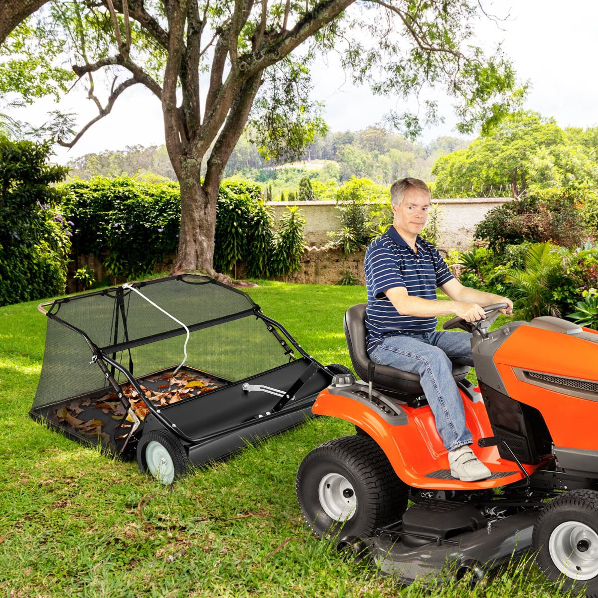 126 cm Tow-Behind Lawn Sweeper with Large-Capacity Hopper Bag-Black