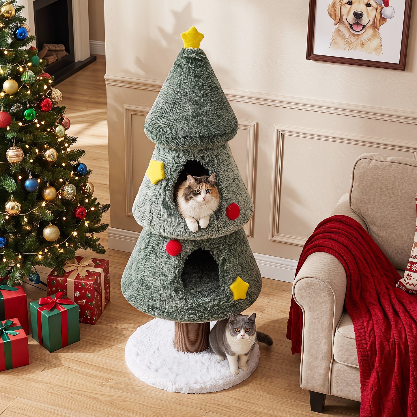 127 CM Christmas Cat Tree with 2 Condos and Scratching Post for Kittens-Green