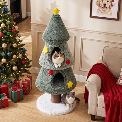 127 CM Christmas Cat Tree with 2 Condos and Scratching Post for Kittens-Green