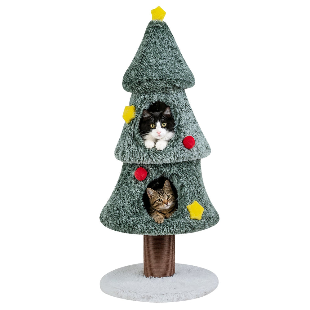 127 CM Christmas Cat Tree with 2 Condos and Scratching Post for Kittens-Green